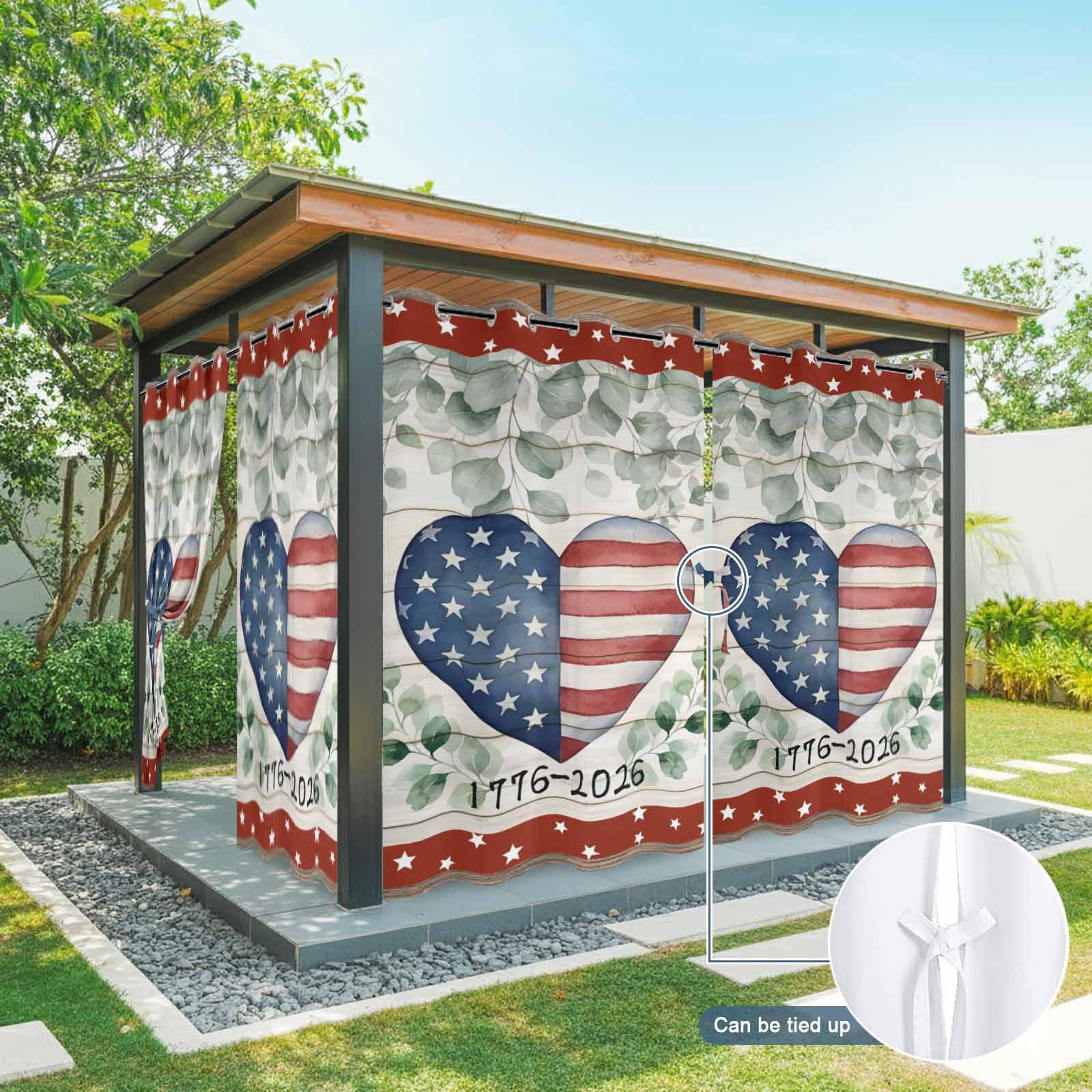 Independence Day Love Heart Outdoor Curtains for Patio, Red Blue Star Stripe Eucalyptus Leaves Sunshade Privacy Drapes Grommet Waterproof Outside Curtains for Porch/Cabana/Balcony 54"x 108", 1 Panel