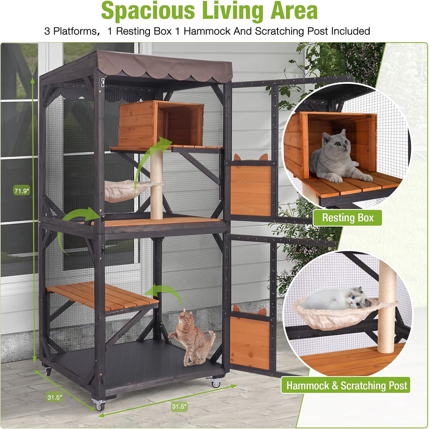 MEDEHOO Catio Outdoor Cat Enclosure Mobile Cat House Indoor On Wheels with Scratch Post,Hammock,Resting Box,Platform,Tarp Roof 71.9"