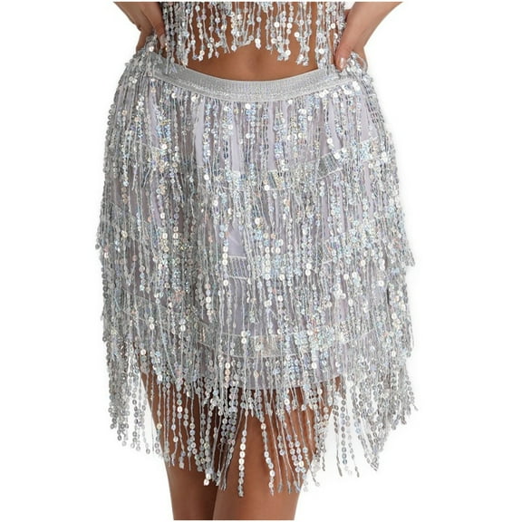 Besolor Women's Sequin Fringe Skirt Elastic Waisted Sparkle Tassel Mini Skirts Night out Party Dance Skirt
