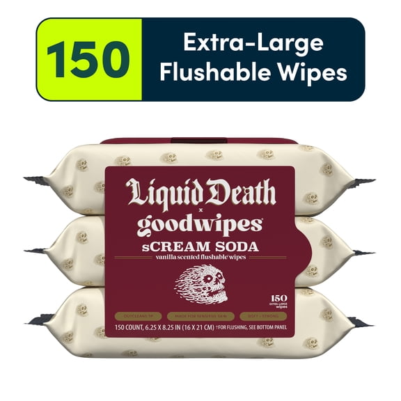 goodwipes Flushable Butt Wipes, Liquid Death sCream Soda Scented, 3 Pack, 150 Total XL Wipes