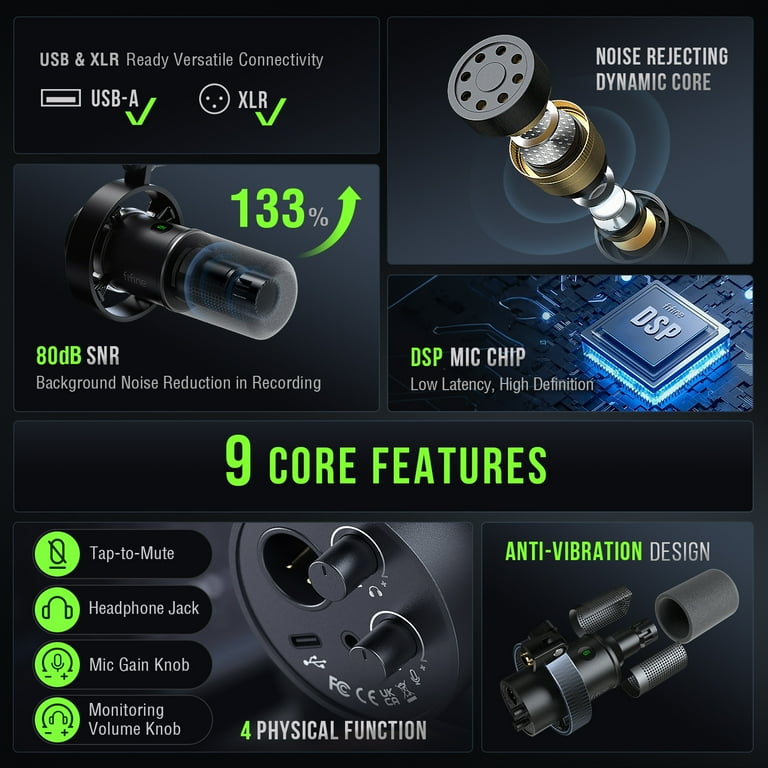 FIFINE K688X USB XLR Dynamic Studio Microphone, Cardioid, 130dB