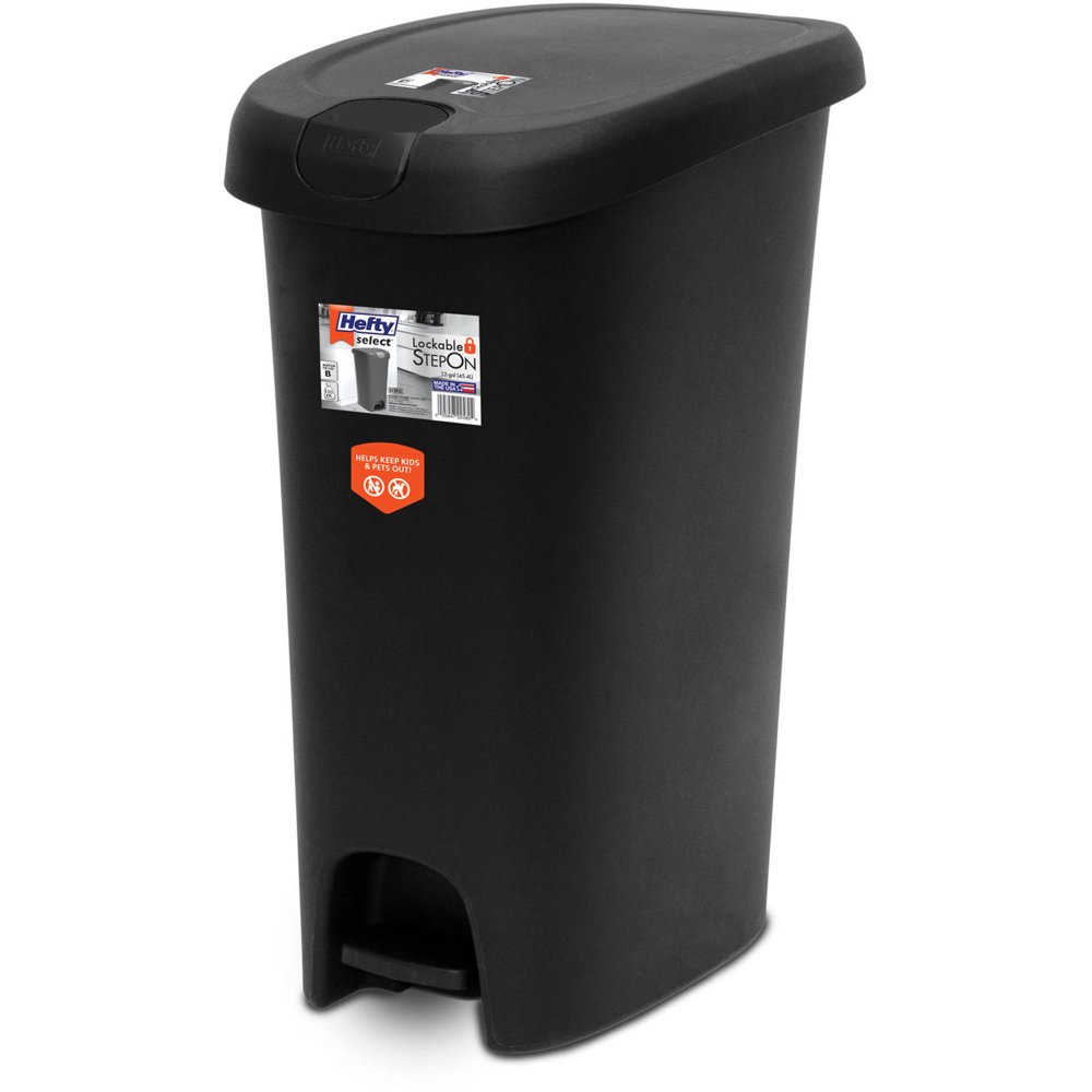 Hefty 12Gallon Textured Step On Waste Can with Lid Lock, Black