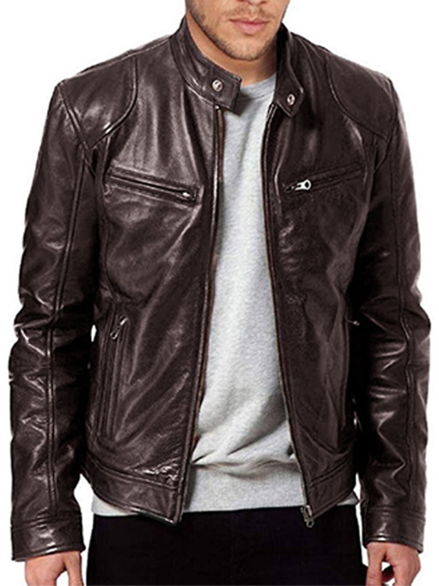 Mens Retro Real Leather Jacket Smart Casual Biker Tan Brown Slim Fit Zipped 