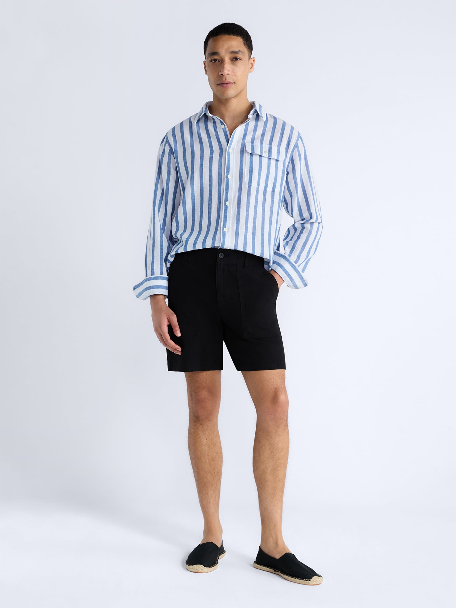 Free Assembly Men's Striped Linen Blend Button Front Shirt with Long Sleeves, Sizes XS-3XL