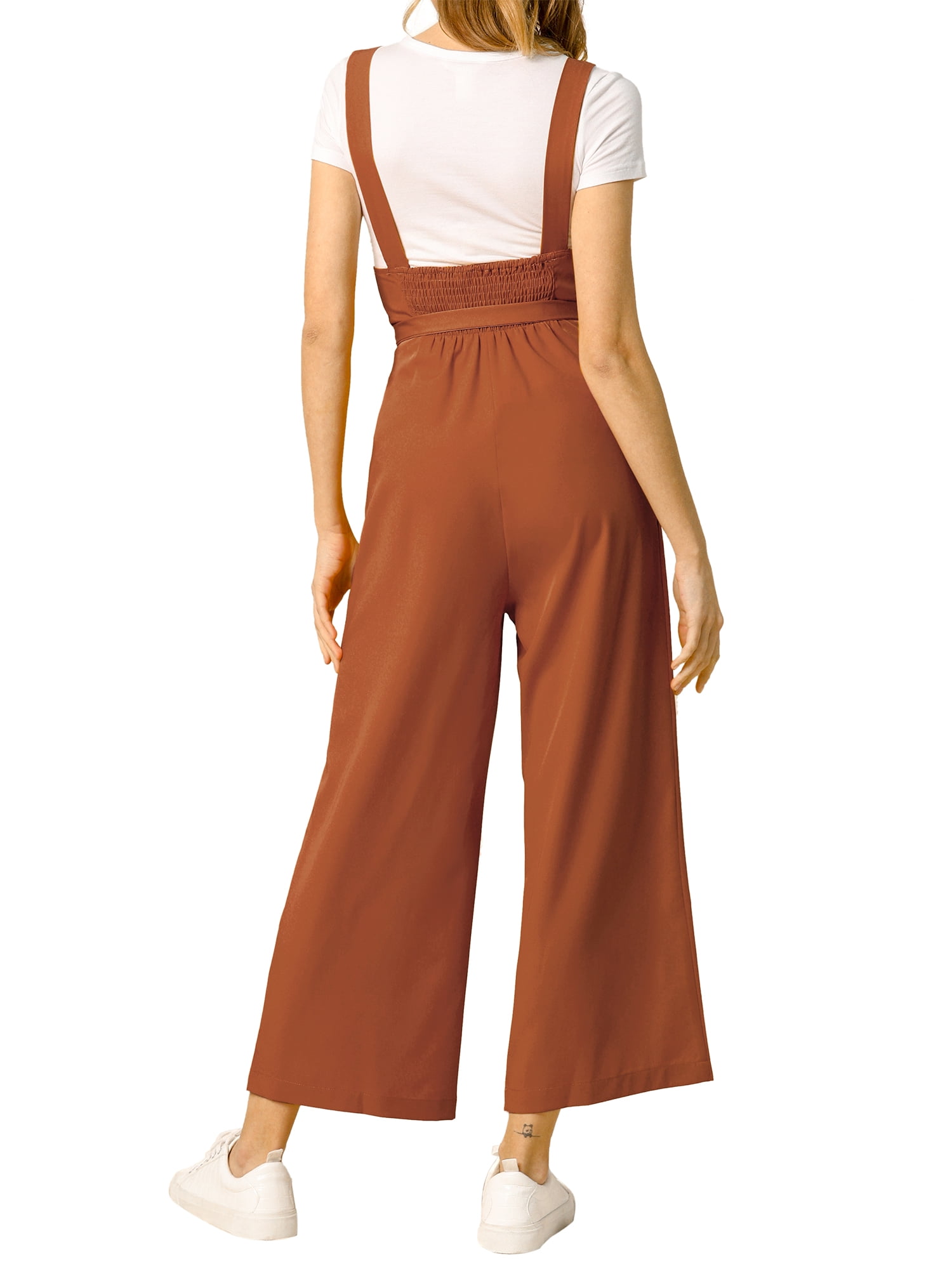 DARING DIVA Women's Button Front High Waist Belted Overall Jumpsuit L Brown