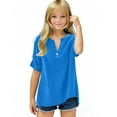 thumbnail image 2 of lcziwo Summer Linen Shirts for Girls Casual Roll Up Short Sleeve Tunic Blouses Kids Solid Loose V Neck T Shirt Blue Gifts for Girls, 2 of 6