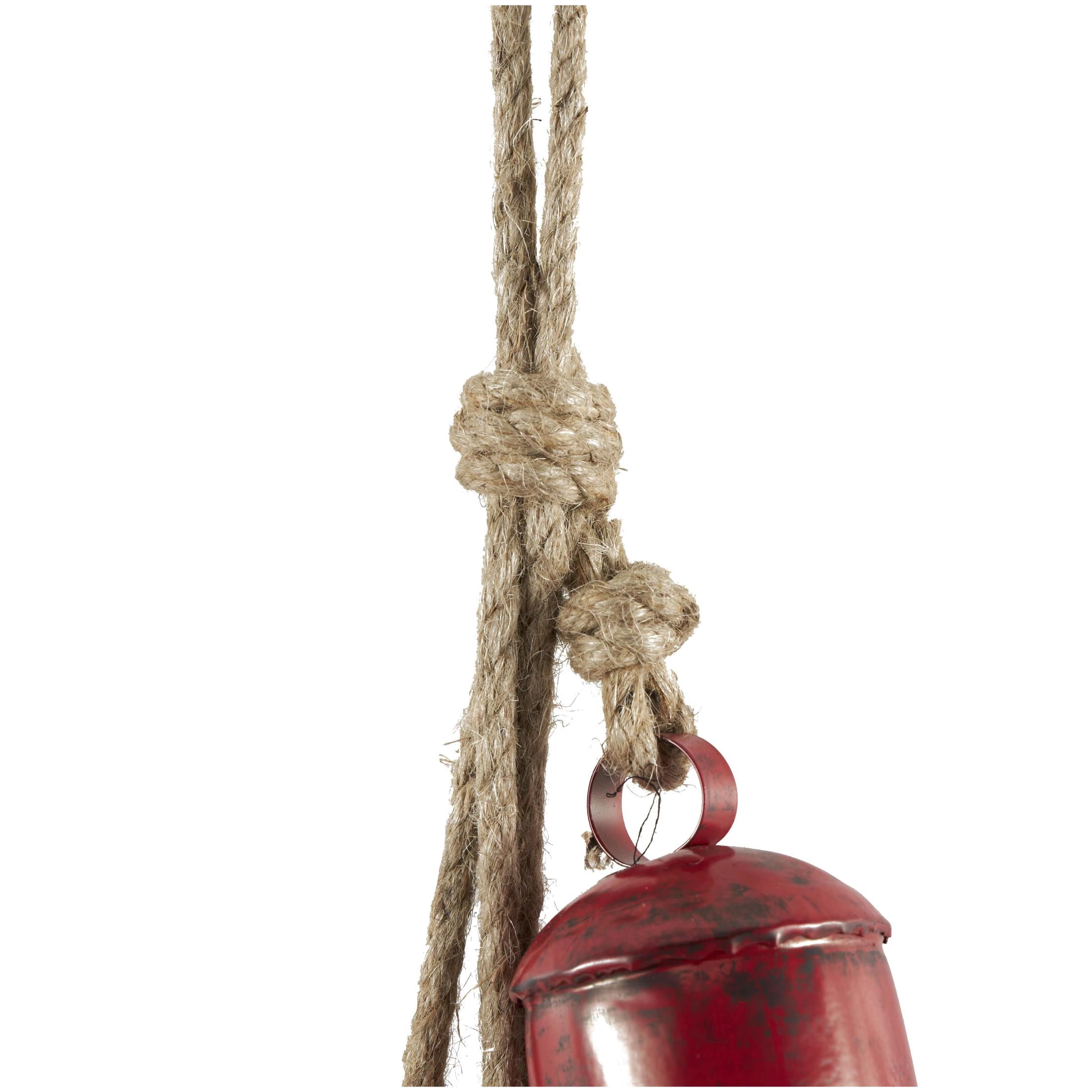 DecMode Tibetan Inspired Cascading Red Metal Cylindrical Decorative Cow Bells with 4 Bells on Jute Hanging Rope