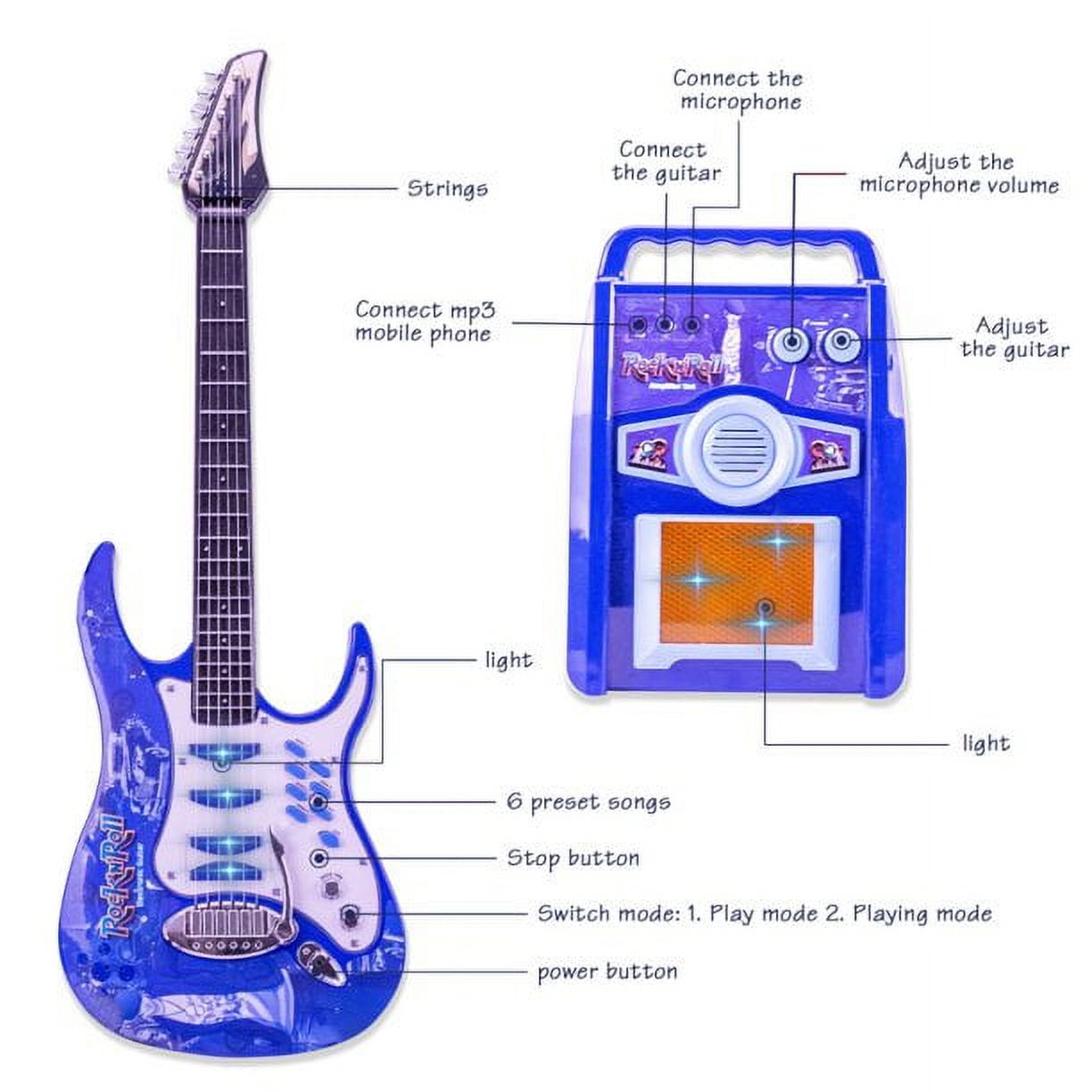 iMeshbean Kids Electric Musical Guitar Toy Play Set w/ 6 Demo Songs, Whammy Bar, Microphone, Amp, AUX - Blue