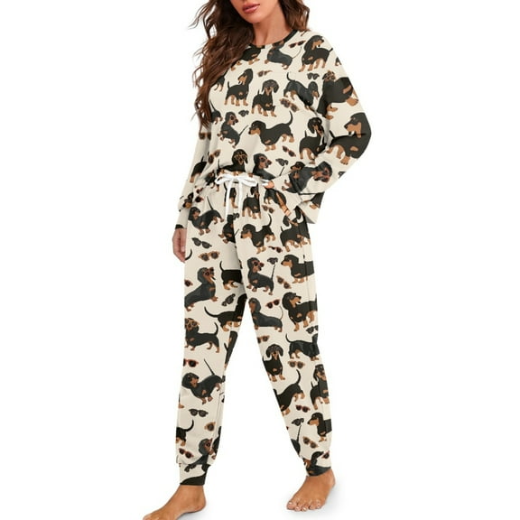 DISNIMO Womens 2 Piece Pajama Sets Dachshund Print Soft Round Neck Sleepwear with Long Pants Long Sleeve Lounge Set with Pocket, 2XL