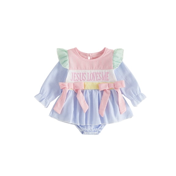 Cjfdfy Newborn Baby Girl Christian Romper Dress Jesus Loves Me Ruffle Embroidery Long Sleeve Striped Bow Jumpsuit Little Baby Cute Holiday Fall Winter Clothes 0-18M
