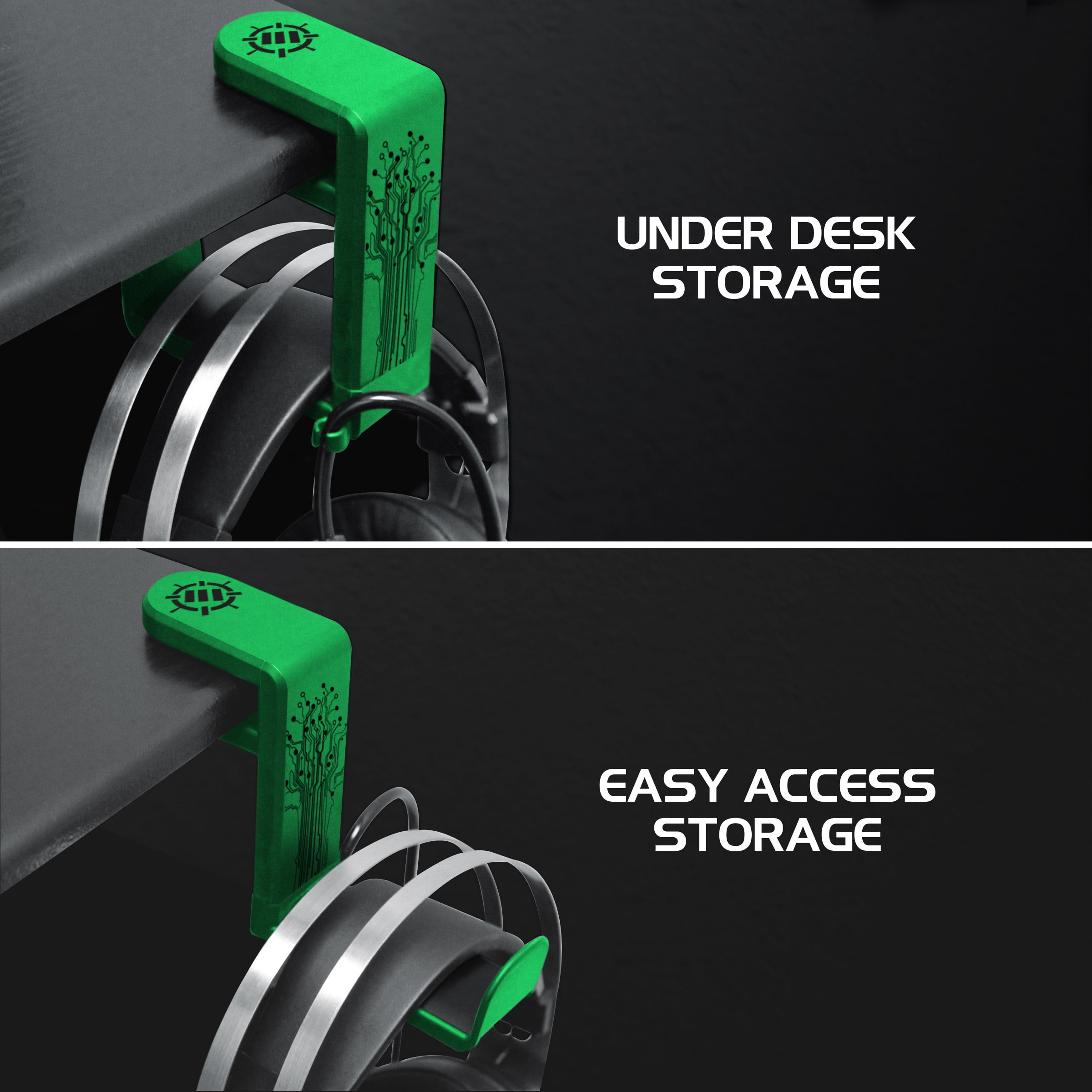 ENHANCE PC Gaming Headphone Holder Headset Hanger Mount - Headphones Stand with Adjustable 360 Rotating Arm , Under Desk Clamp On Design , Universal Fit , & Built In Cable Clip Organizer - Green