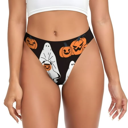 Thongs for Women - Halloween Ghosts And Pumpkins No Show Seamless Womens Thongs Underwear  Stretch G String Thongs for Women  Ladies Breathable Kawaii Thong Bikini Panties Briefs
