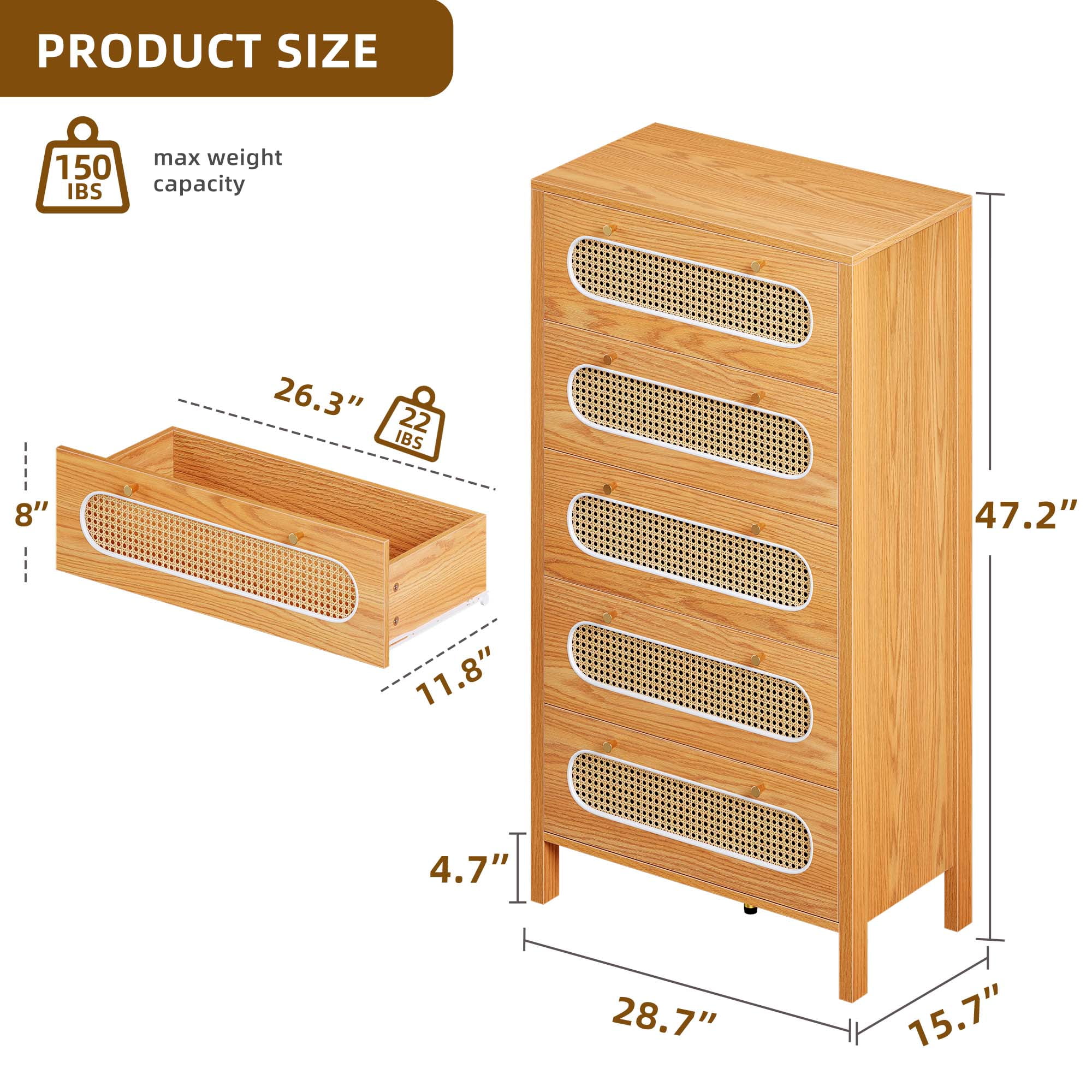 Uforic 5-Drawer Vertical Dresser, Wood Chest of Drawers Storage Cabinet, Natural