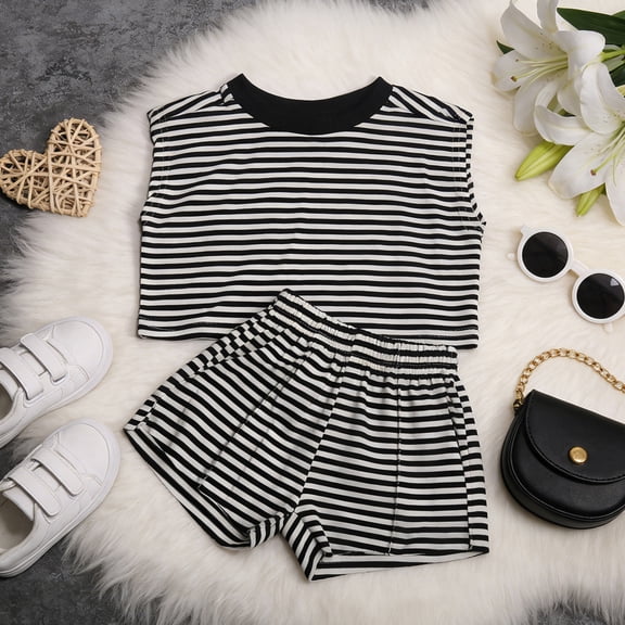 CUZIBR Child Toddler Kids Baby Girls Summer Outfit Sets Short Sleeve Cropped Tops And Shorts Two Piece Casual Playwear Striped Print Outfit Sets Clothing Sets,Black,3-4 Years