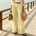 thumbnail image 3 of Karymi Shorts for Women Solid Linen Blend Palazzo Pants, High Waist Pleated Long Trousers, Scalloped Eyelet Lace Hem Beach Vacation Pants With Pocket Capri Pants for Women, 3 of 5