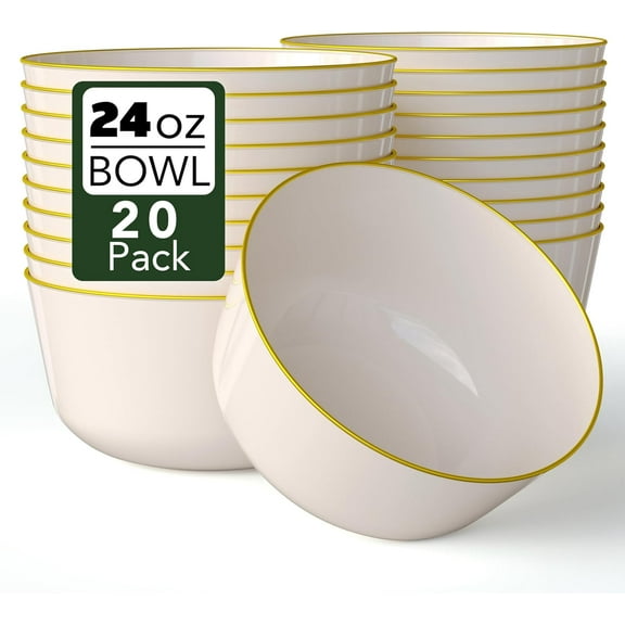 Disposable Bowls - Ivory Gold Rimmed Fancy Serving Bowls - Perfect for Ice Cream & Candy, Set of 20, 24 oz Each