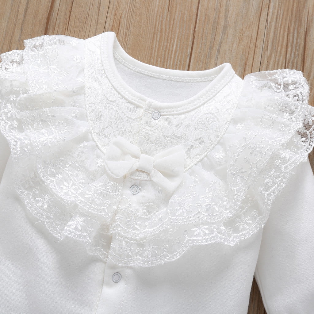 WOYY Infant Girl Lace Ruffle Jumpsuit Solid Long Sleeve Bow Onesie Romper With Hat Outfits