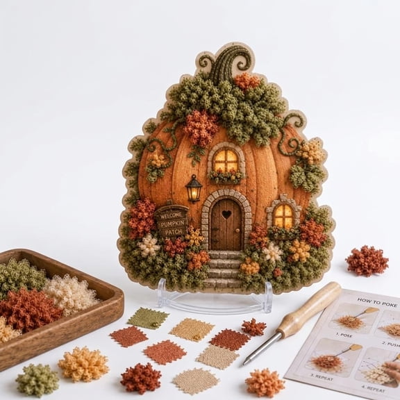 Whimsical Village 3D Fabric Poke Art Kit - Mushroom Cottage Craft Creative Craft Set for Handmade Hobby Gift (Pumpkin Patch)