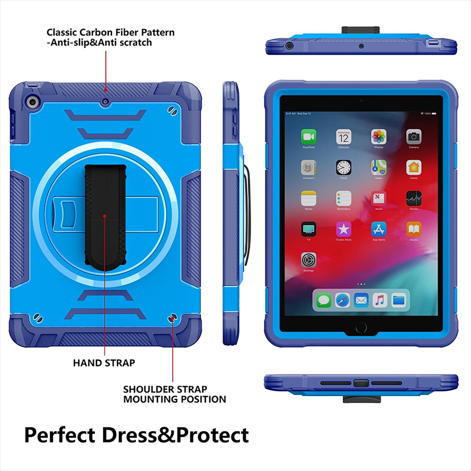 Shockproof Case for Apple iPad 6th 5th Generation, with Pencil Holder Military Grade Protection Rotating Stand Hand Strap Shoulder Strap Bumper Rugged Case for iPad 6th 5th Gen 9.7", Blue