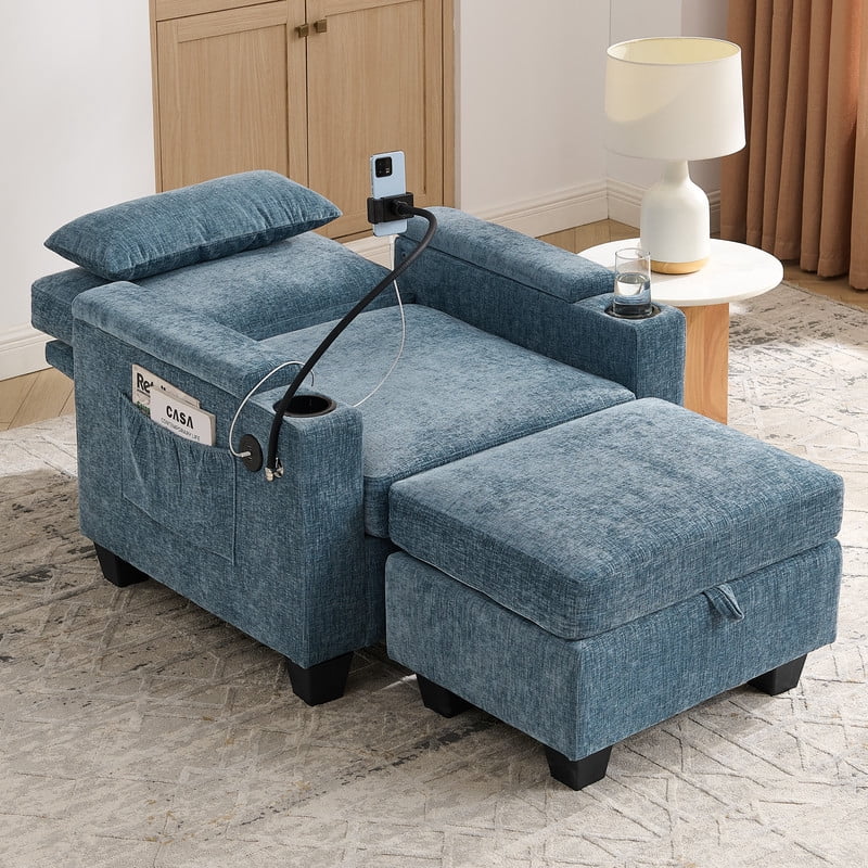 2PCS Single Sofa w/ Storage Ottoman Set, Chaise Lounge w/ Adjustable Backrest, Armchair Sleeper w/ Cup Holder & Phone Holder