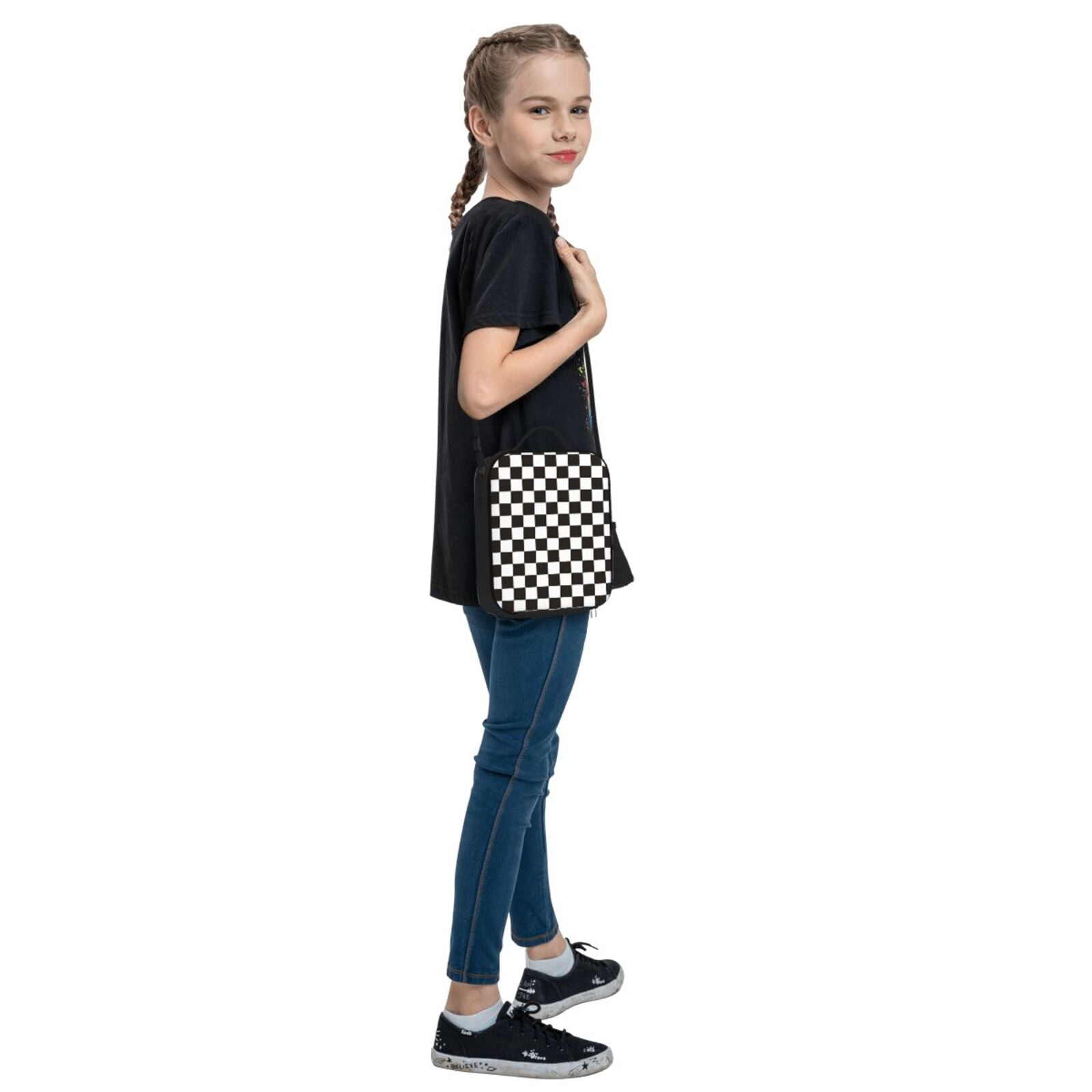Defioc Black and White Checkerboard Print Lunch Box for Men & Women, Insulated Lunch Bag Thickened Thermal Leakproof Lunch Tote Bag for Adult Office Travel Picnic