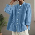thumbnail image 5 of HomeDM Womens Long Sleeve Shirts, Button Down Crew Neck Trendy Pleated Loose Fit Tunic Tops - Light Blue/L, 5 of 7