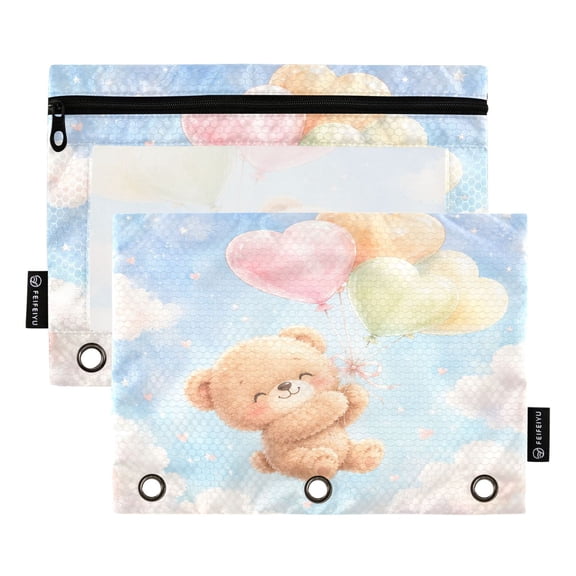 2 Pack 3 Ring Binder Pouch with Clear PVC Window Water Resistant Zipper Pencil Pouch Heart Balloon Teddy Art Binder Pocket for Classroom Office Home Stationery Organization