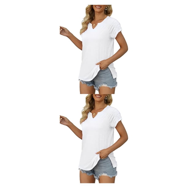 Camiseta plisada de manga corta Minnieouse con cuello para mujer camisetas básicas informales