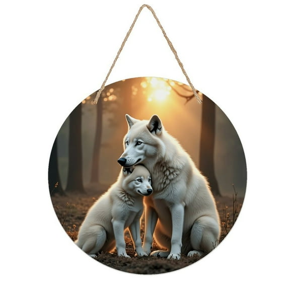 Rustic Round Wooden Wall Art Sign, 8" Decorative Home Decor, Vintage White Wolves Wolf Designs, Easy Hang, Gift-Ready for Christmas Living Room Bedroom Kitchen Office