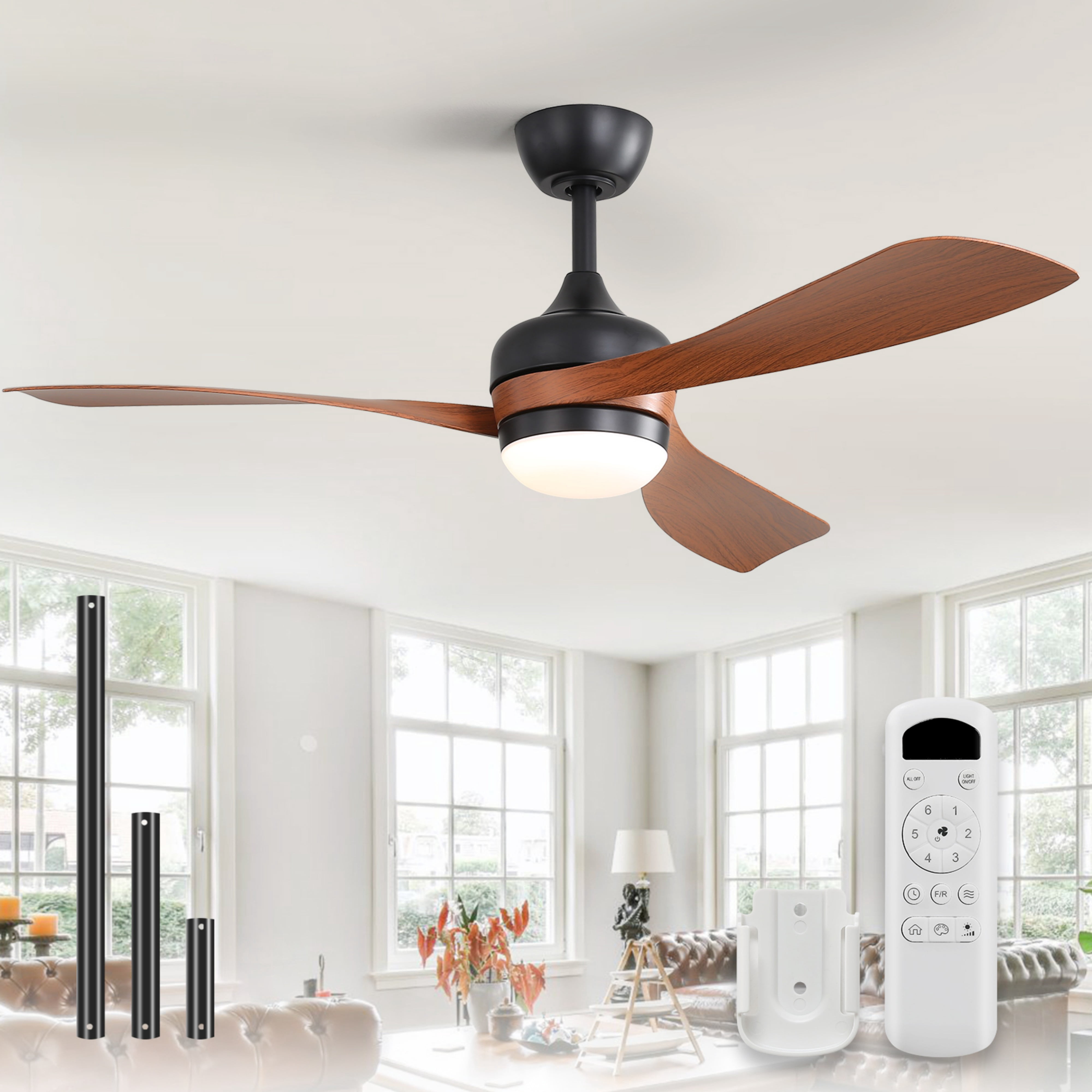 Sofucor 52" Ceiling Fan with Lights Remote Control, 3 Poles for Indoor Outdoor Ceiling Fan with Remote, Reversible Noiseless ETL Motor, 3 ABS Blades