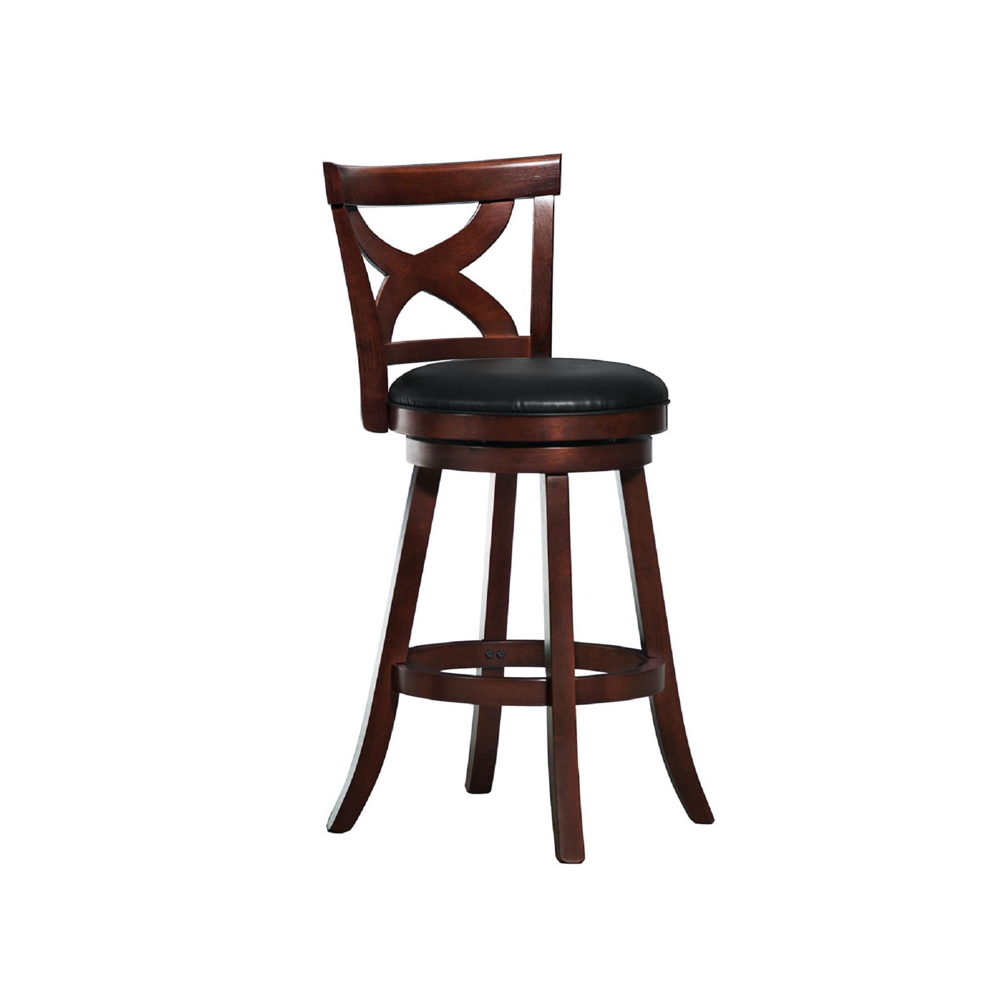 Weston Home Basalt High X-Back Black Upholstered Swivel Seat Bar Height Stool, Cherry Finish