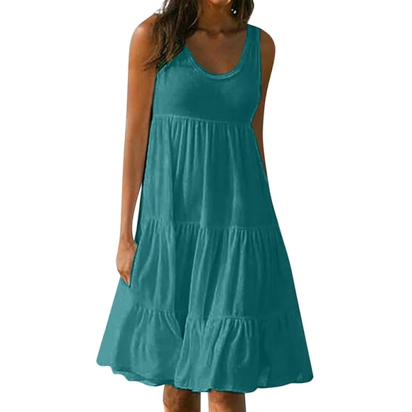 B91xZ Women's 2024 Summer Midi Dress Sleeveless Casual Loose Swing Button Down Midi Dress with Pockets,Green S