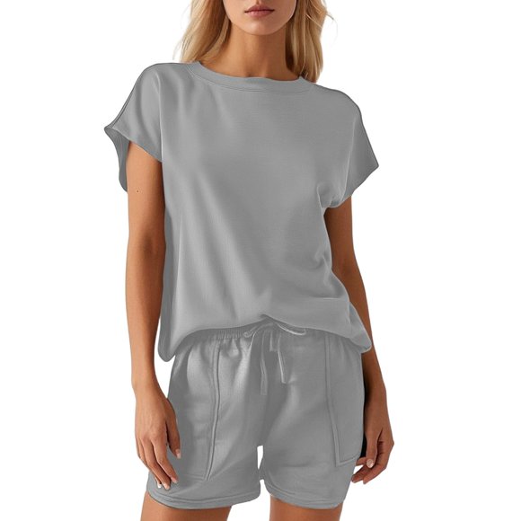 Conjunto informal de dos piezas para mujer con cuello redondo y manga corta - Ajuste cómodo, versátil para el uso diario, combinable con sandalias, varias tallas