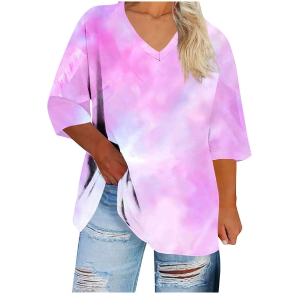 Gnshining Plus Size Shirts for Women Summer 3/4 Sleeve Pullovers Shirts Loose V-Neck Tunic Tops Solid Color Gradient Tees Sweatshirts