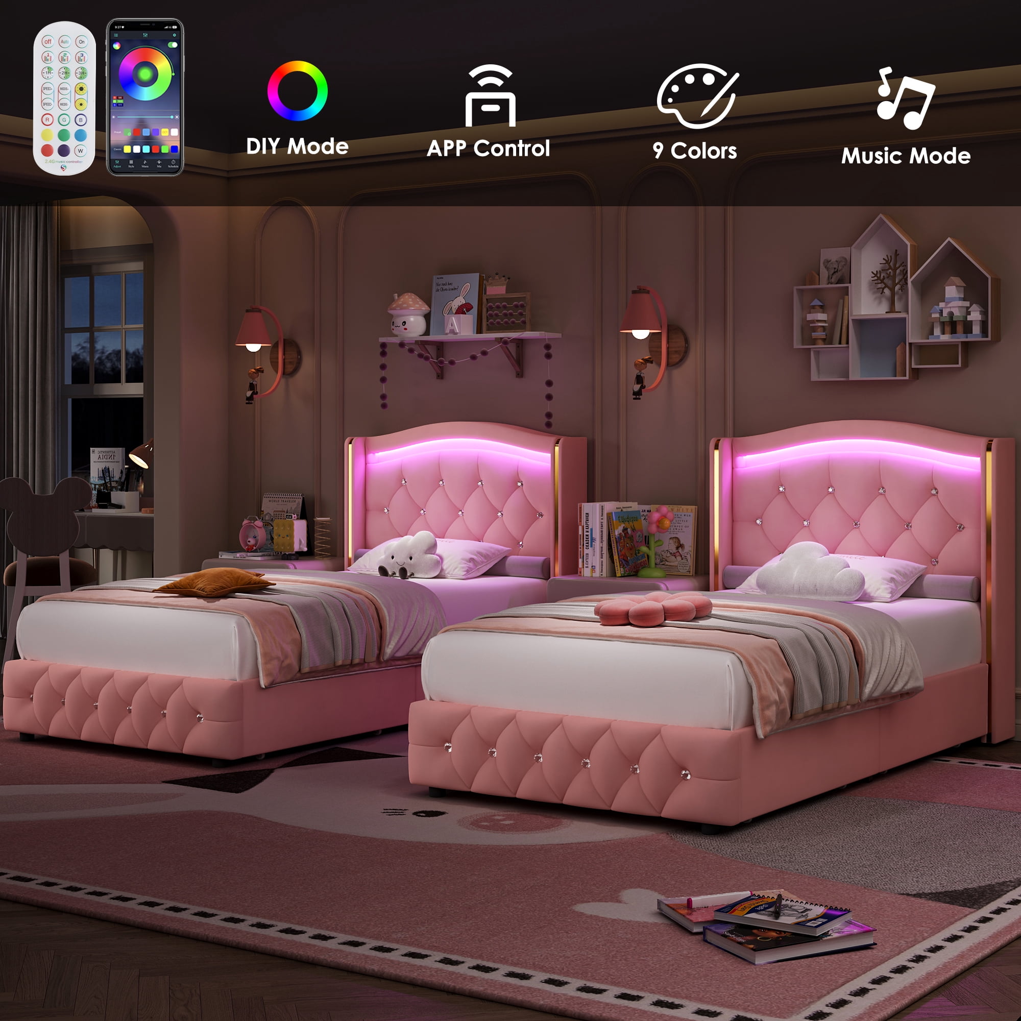 Homfa Twin Size LED Bed Frame with 4 Storage Drawers, Velvet Upholstered Platform Bed with Crystal Buttons Headboard, Pink