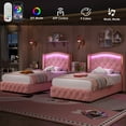 thumbnail image 2 of Homfa Twin Size LED Bed Frame with 4 Storage Drawers, Velvet Upholstered Platform Bed with Crystal Buttons Headboard, Pink, 2 of 7