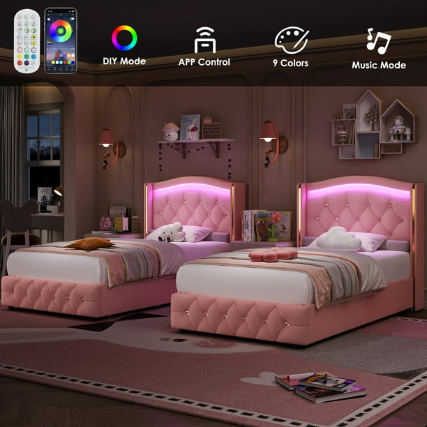 Homfa Twin Size LED Bed Frame with 4 Storage Drawers, Velvet