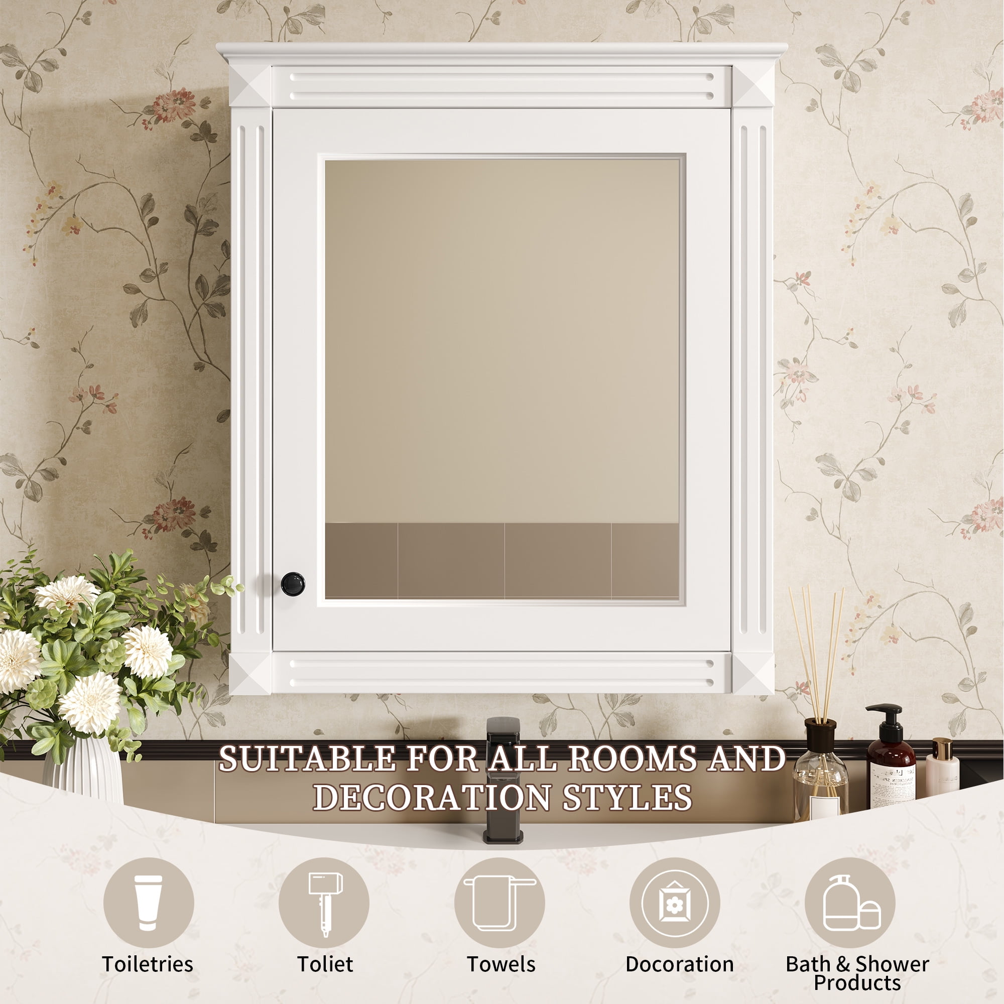 Euroco 24'' x 27'' Wall Mounted Bathroom Storage Cabinet with Mirror, Medicine Cabinet with Height Adjustable Shelf, Over the Toilet Space Saver Cabinet