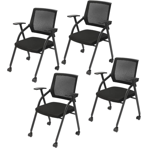 4 Pack Conference Room Chairs ,Foldable Waiting Room Guest Chair Ergonomic Mesh Black Chairs with Armrest and Wheels for Office School Training Room Guest Reception