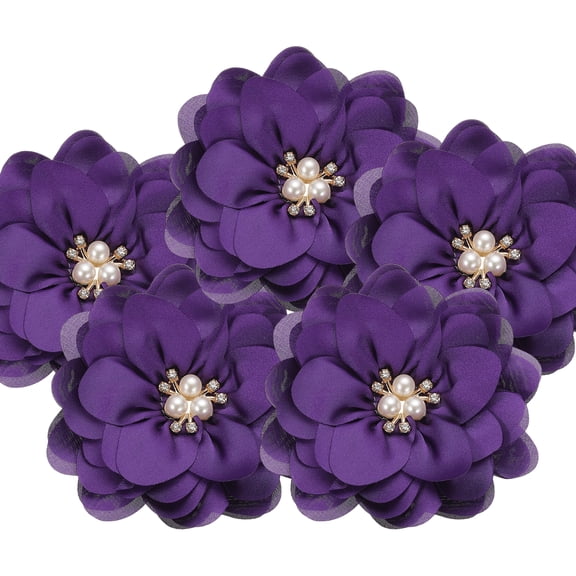3.15 Inch Chiffon Flowers, 5 Pcs Fabric Flowers Rhinestone Pearl Large Camellia Sewing Appliques for DIY Crafts Dresses Clothing Headbands Wedding Party Decoration, Purple