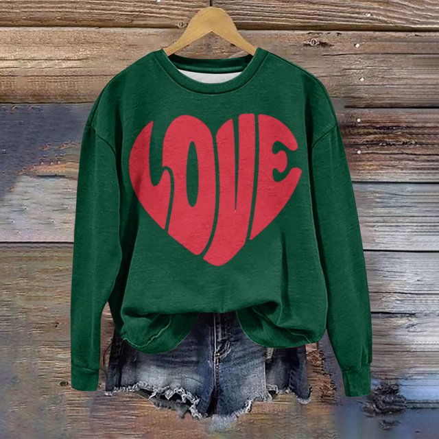 Jsaierl Sweatshirts de la Saint-Valentin pour Femmes Manches Longues Imprimé Cœur Pull Col Rond Chemises Décontractées Confortables