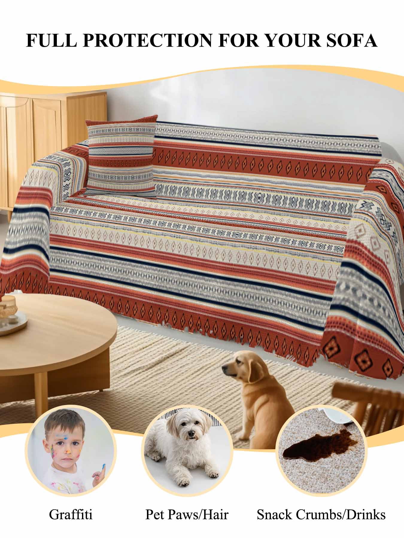 Brown Ethnic Boho Sofa Cover Blanket Couch Covers for Armchair Cushion,Couch Sofa Silpcover with Tassel,Living Room Bedroom Throw Towel Blanket Covers Modern Stripes Geometric Abstract S 71"x91"