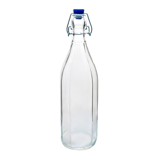 Botella De Vidrio Italiano con Tapón Hermético, Botella Reutilizable Almacenadora de Líquidos, Modelo Oxfor Azul, Estilo Minimalista, Capacidad 1 Litro