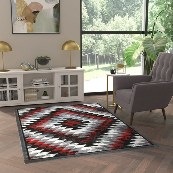 Emma Oliver 5x7 Distressed Southwestern Diamond Motif Plush Pile Olefin Accent Rug in Red, Beige, Brown and Black - Jute Backing