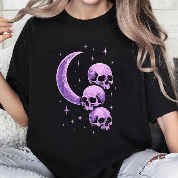 100% Cotton Unisex Skulls Moon Pastel Goth Witchy Occult Purple Alt Starry Pink T-Shirt