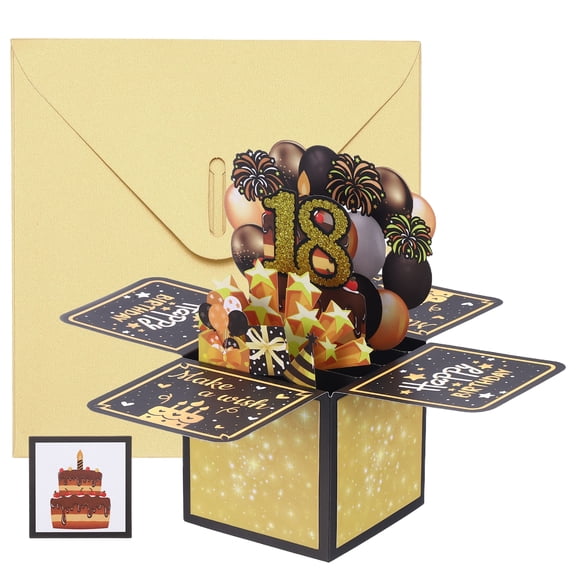 Uxcell 1 Pcs 3D Birthday Card, 18th Fold Out Birthday Card with Envelope and Small Card for Birthday Party Anniversary Celebration Surprise Greeting Gift, Black Gold Tone
