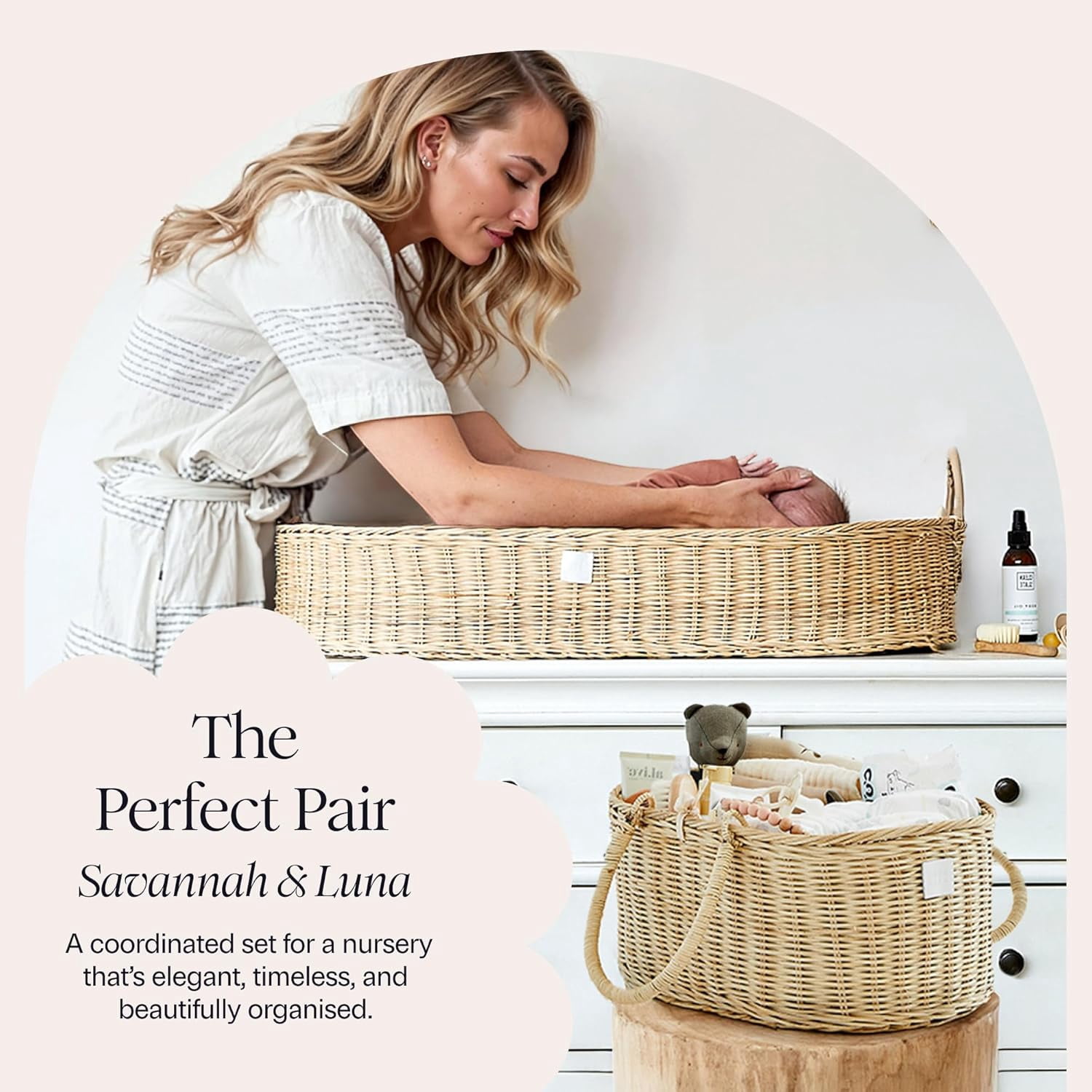 Premium  Diaper Caddy Organizer - Handmade Rattan Basket With Cotton Divider - Award-Winning & Luxury Diaper Caddy Basket - (SAVANNAH)