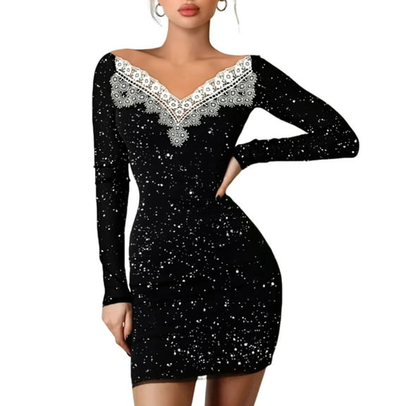 Women's Off-the-shoulder Sequined Lace Trim Slim Party Long Sleeve Ruffled Club Dress