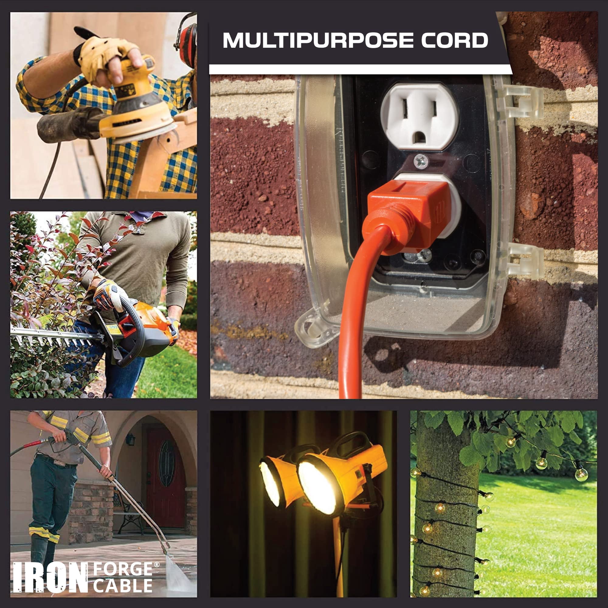 Iron Forge Cable Weatherproof 200 Ft Outdoor Extension Cord - 16/3 SJTW 10 Amp Heavy Duty Highly Visible Orange Extension Cord 3 Prong - Lighted End