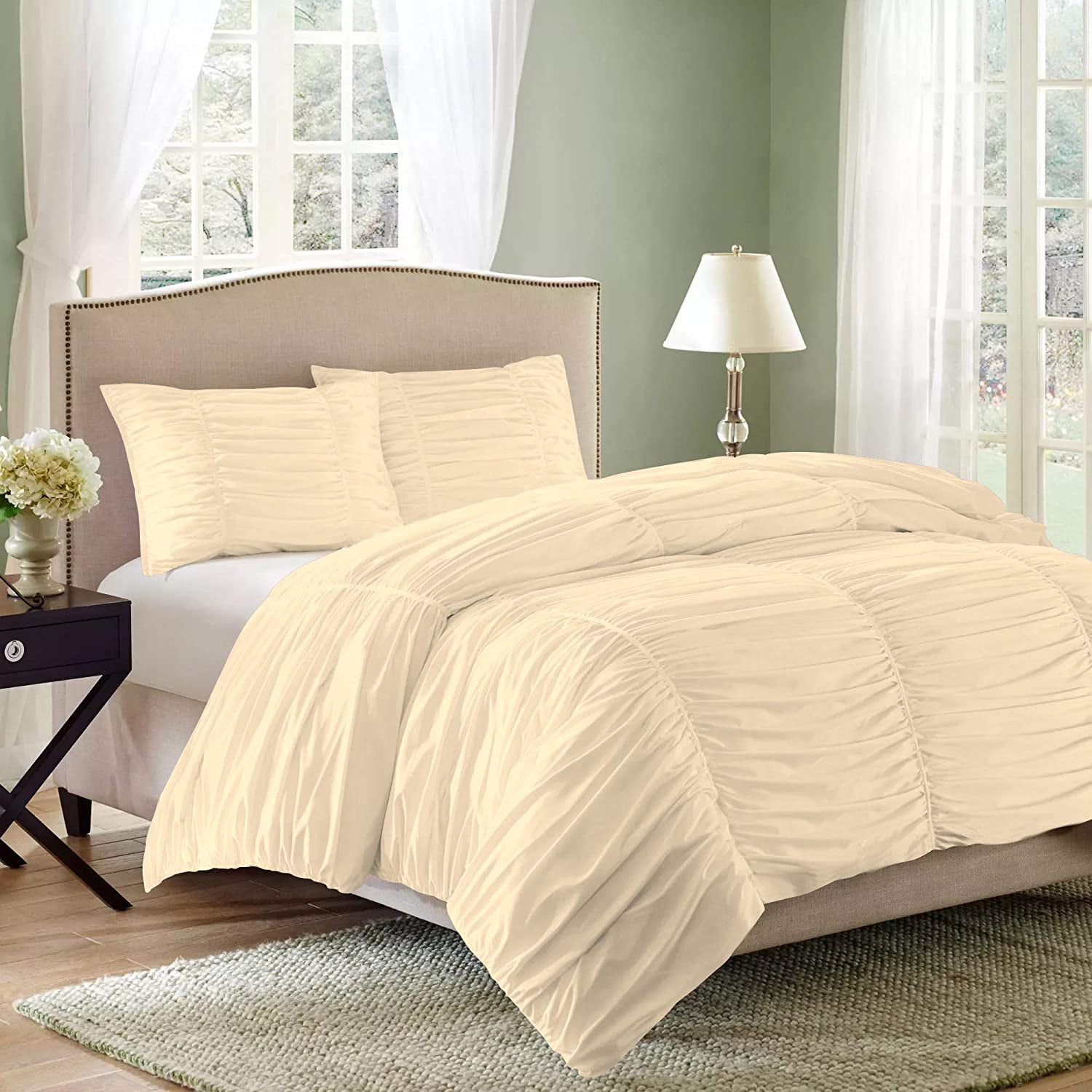 DNG Creations 3 Piece Ruched Pattern Duvet Cover 100% Egyptian Cotton, 800 TC- With Zipper Closure & Corner Ties ( Solid Ivory - California King )